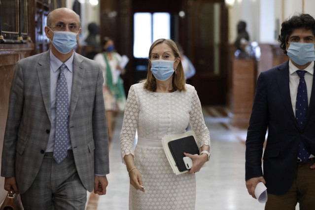 La vicepresidenta segunda del Congreso, Ana Pastor, y el diputado del PP en el Congreso por Ourense, Celso Delgado (i), a su llegada al Congreso, Ana Oramas, en el Congreso de los Diputados a una sesión plenaria en la que se debate el Decreto Ley 21/2020,