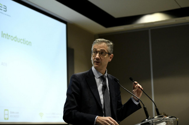 El presidente del Banco de España, Pablo Hernández de Cos, durante su intervención en la inauguración de la jornada 'Spanish Capital Markets Conference' organizada por Afme y AEB, en Madrid (España), a 13 de febrero de 2020.