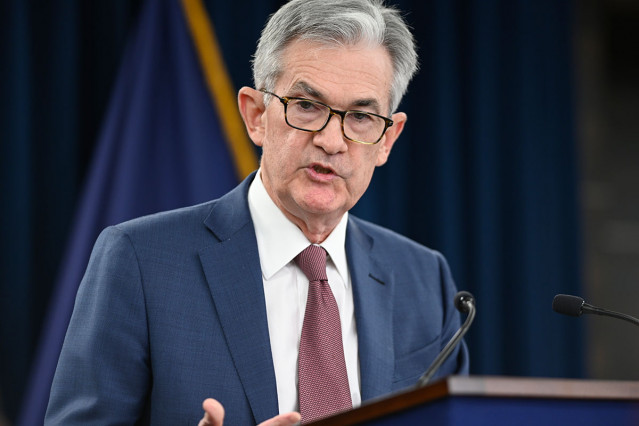HANDOUT - 30 October 2019, US, Wahington: Jerome Powell, Chair of the Federal Reserve, speaks during a press conference. The US Federal Reserve announced its third consecutive quarter-point interest rate cut since July. Photo: -/Federal Reserve /dpa - ATT