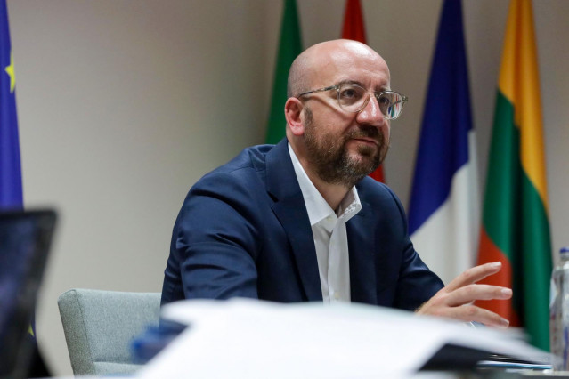 HANDOUT - 26 June 2020, Belgium, Brussels: European Council President Charles Michel speaks during a virtual meeting with Lithuanian President Gitanas Nauseda (not pictured). Photo: Dario Pignatelli/European Council /dpa - ATTENTION: editorial use only an