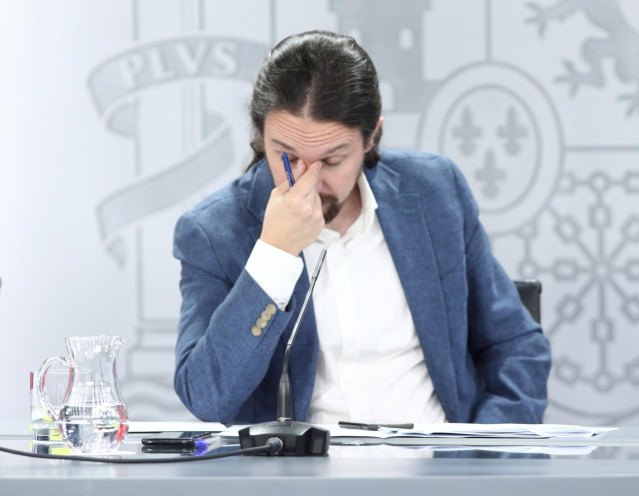 El vicepresidente y ministro de Derechos Sociales y Agenda 2030, Pablo Iglesias, durante la rueda de prensa posterior al Consejo de Ministros en Moncloa, en Madrid (España), a 7 de julio de 2020.
