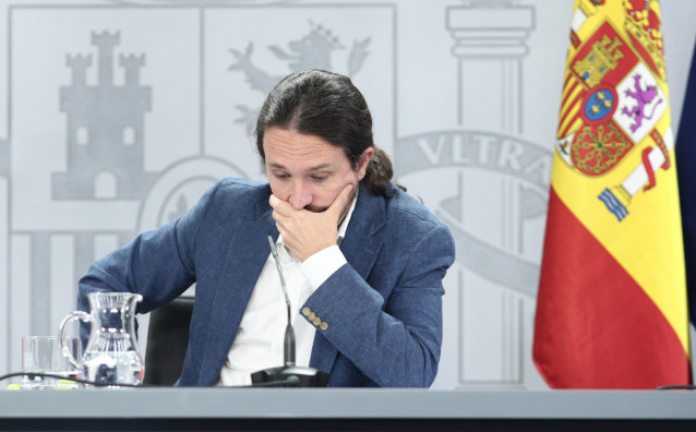 El vicepresidente del Gobierno y ministro de Derechos Sociales y Agenda 2030, Pablo Iglesias, en rueda de prensa en el Palacio de la Moncloa tras la reunión del Consejo de Ministros.