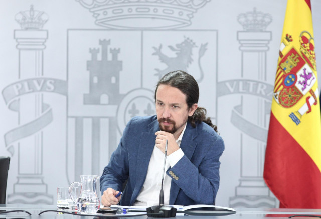 El vicepresidente y ministro de Derechos Sociales y Agenda 2030, Pablo Iglesias, durante su intervención en la rueda de prensa posterior al Consejo de Ministros en Moncloa, en Madrid (España), a 7 de julio de 2020.