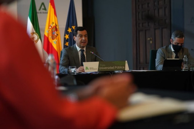 El presidente de la Junta de Andalucía, Juanma Moreno, durante su intervención