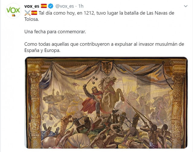 Imagen del tweet de Vox recordando el aniversario de la batalla de Las Navas de Tolosa