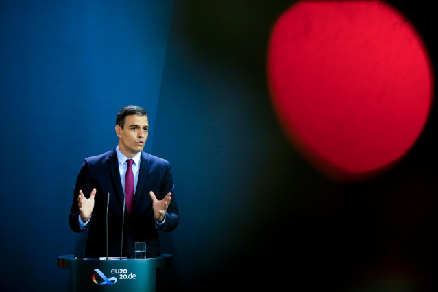 14 July 2020, Berlin: Spanish Prime Minister Pedro Sanchez and German Chancellor Angela Merkel (not pictured) deliver a joint statement prior to their meeting at the German Chancellery. Photo: Markus Schreiber/AP POOL/dpa