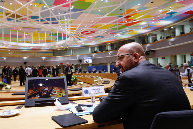 HANDOUT - 18 July 2020, Belgium, Brussels: President of the European Council Charles Michel chairs the second day of the European Council special summit. Photo: Dario Pignatelli/European Council /dpa - ATTENTION: editorial use only and only if the credit