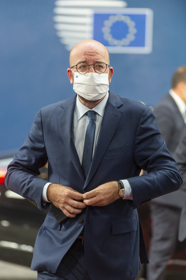 HANDOUT - 19 July 2020, Belgium, Brussels: European Council President Charles Michel arrives at the European Council. Photo: -/European Council/dpa - ATTENTION: editorial use only and only if the credit mentioned above is referenced in full