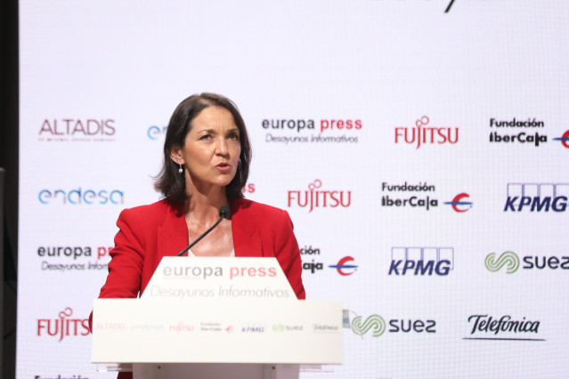 La ministra de Industria, Comercio y Turismo, Reyes Maroto, durante su intervención en un Desayuno Informativo Europa Press celebrado en Espacio Villanueva, Madrid (España), a 22 de julio de 2020.