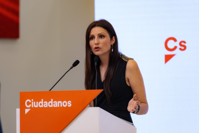 La portavoz adjunta de Ciudadanos, Lorena Roldán, en rueda de prensa desde la sede del partido en Madrid