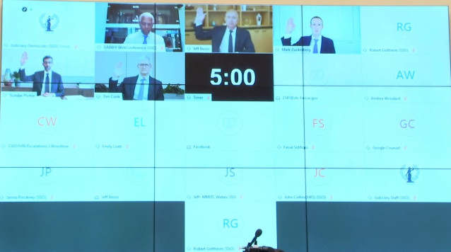 Los consejeros delagados de Amazon (Jeff Bezos), Facebook (Mark Zuckerberg), Alphabet (Sundar Pichai) y Apple (Tim Cook) durante su comparecencia telemática ante el Congreso de Estados Unidos el 29 de julio de 2020.