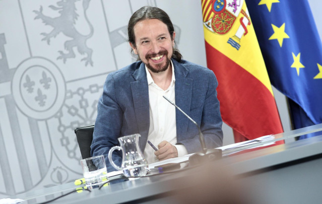 El vicepresidente y ministro de Derechos Sociales y Agenda 2030, Pablo Iglesias, durante la rueda de prensa posterior al Consejo de Ministros en Moncloa.