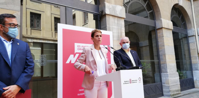 Javier Remírez, María Chivite y José Mª Aierdi en la rueda de prensa de presentación del Plan Reactivar Navarra 2020-2023