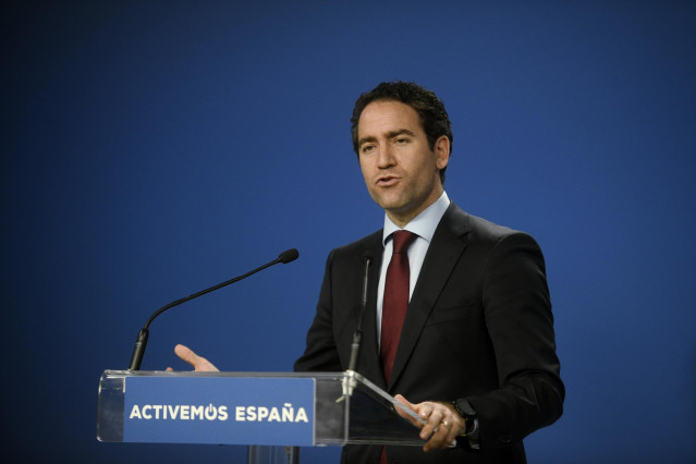 El secretario general del Partido Popular, Teodoro García Egea, interviene durante una rueda de prensa tras la reunión del Comité de Dirección del PP en su sede en la calle Génova, Madrid (España), a 23 de julio de 2020.