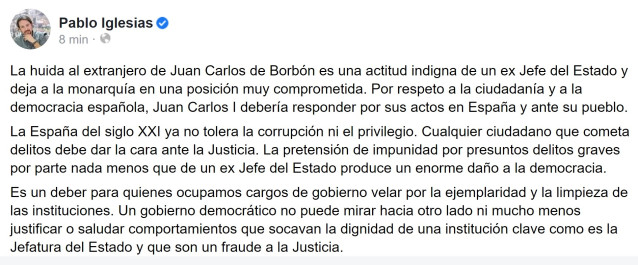 Comunicado de Pablo Iglesias sobre la marcha de Juan Carlos I