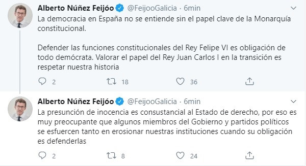 Mensaje publicado por el presidente de la Xunta, Alberto Núñez Feijóo, sobre el rey emérito Juan Carlos I en su perfil de la red social Twitter
