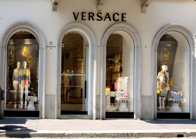 April 19, 2019 - Milan, Italy: Versace store front. Mid season and summer fashion trend on the shop windows of the Milan fashion district. The Golden quadrilateral, including via Montenapoleone and Via Spiga, is ranked as the sixth most expensive shopping