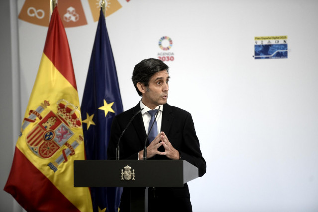 El presidente ejecutivo de Telefónica, José María Álvarez-Pallete, durante la presentación de la agenda 'España Digital 2025’ en Moncloa, Madrid (España), a 23 de julio de 2020.