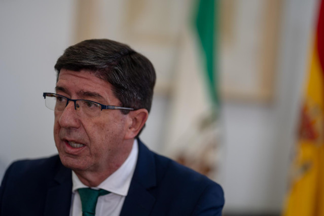 El vicepresidente de la Junta y consejero de Turismo, Regeneración, Justicia y Administración Local, Juan Marín durante la entrevista  a Europa Press. Sevilla a 6 de agosto del 2020