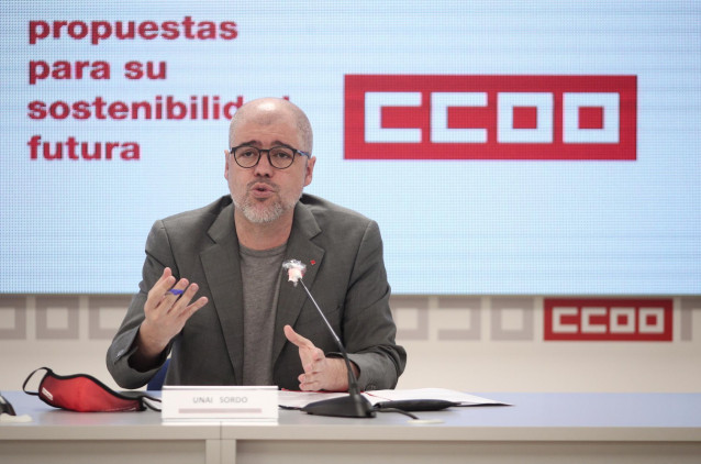 El secretario general de CCOO, Unai Sordo, durante la presentación del informe Turismo 20.20, en Madrid (España), a 15 de junio de 2020.