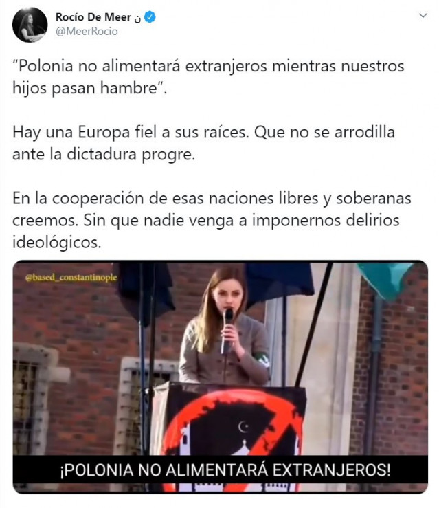 Captura del tweet de la diputada de Vox Rocío de Meer