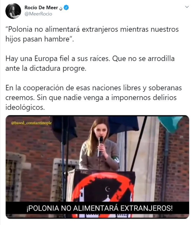 Captura del tweet de la diputada de Vox Rocío de Meer