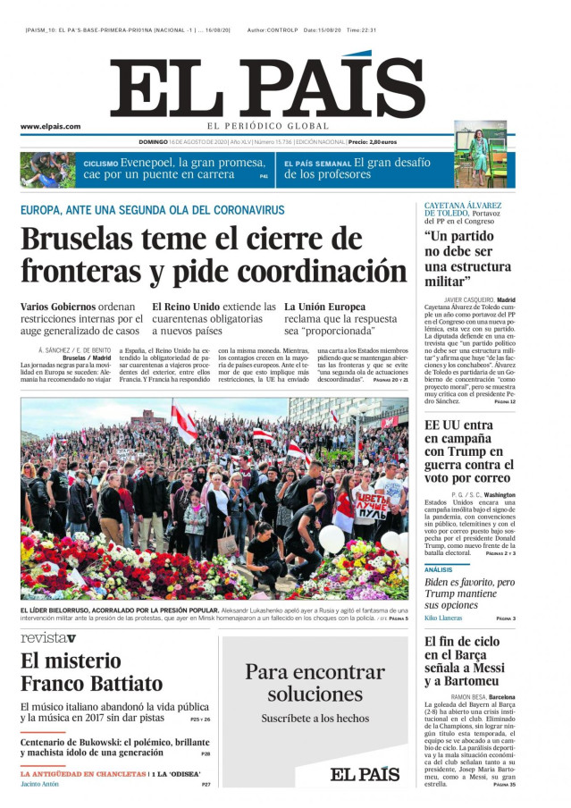 Portada de El País del 16 de agosto de 2020.