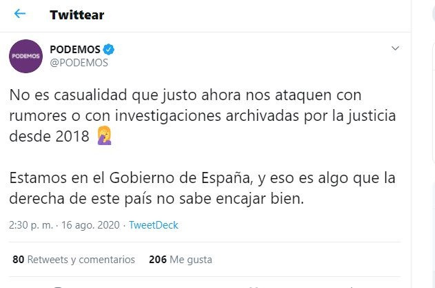 Tuit de Podemos sobre investigaciones relativas a la financiación
