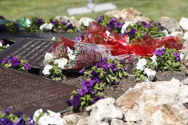 Placas de bronce con los nombres de los 154 fallecidos en el accidente de Spanair junto al olivo en memoria de las víctimas