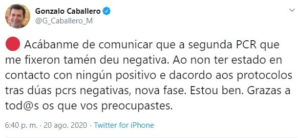 Mensaje publicado por el secretario xeral del PSdeG, Gonzalo Caballero, en su perfil de Twitter