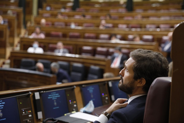 El presidente del Partido Popular, Pablo Casado, en una sesión del Pleno del Congreso