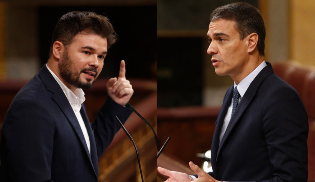 Montaje fotográfico del portavoz de ERC, Gabriel Rufián, y el candidato socialista a la Presidencia del Gobierno, Pedro Sánchez, durante la segunda jornada de la sesión de investidura