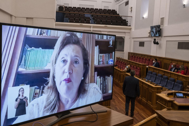Consejera de Educación, Cultura y Deportes, Rosa Ana Rodríguez, compareciendo telemáticamente en las Cortes.