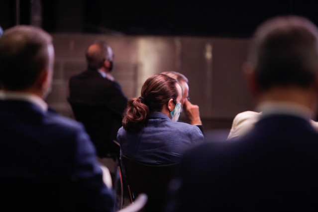 El vicepresidente segundo del Gobierno, Pablo Iglesias, durante la conferencia ofrecida por el presidente del Gobierno, Pedro Sánchez, bajo el título 'España puede. Recuperación, Transformación, Resiliencia'.