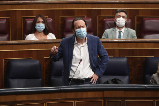 El vicepresidente segundo del Gobierno, Pablo Iglesias, interviene en la primera sesión de control al Gobierno en el Congreso, en Madrid (España) a 9 de septiembre de 2020.  El Gobierno contesta preguntas, entre otras, sobre el coronavirus o sobre los gas