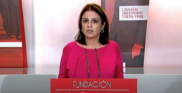 La portavoz del PSOE en el Congreso, Adriana Lastra, en la inauguración de la Exposición homenaje a Julian Basteiro, en Ferraz.