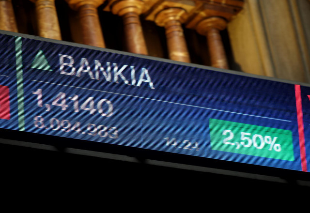 Valores de Bankia en los paneles del Palacio de la Bolsa, en Madrid, (España), a 16 de septiembre de 2020