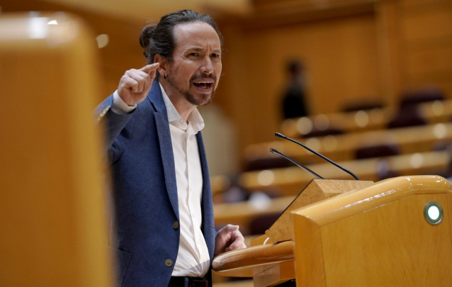 El vicepresidente segundo del Gobierno y ministro de Derechos Sociales y Agenda 2030, Pablo Iglesias, interviene durante una sesión de control al Gobierno en el Senado, en Madrid (España), a 22 de septiembre de 2020.