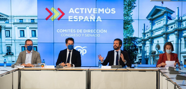 El presidente del PP, Pablo Casado, preside la reunión con los comités de dirección del Grupo Popular. Asisten también Teodoro García Egea, Cuca Gamarra y Javier Maroto. En Madrid, a 14 de septiembre de 2020.