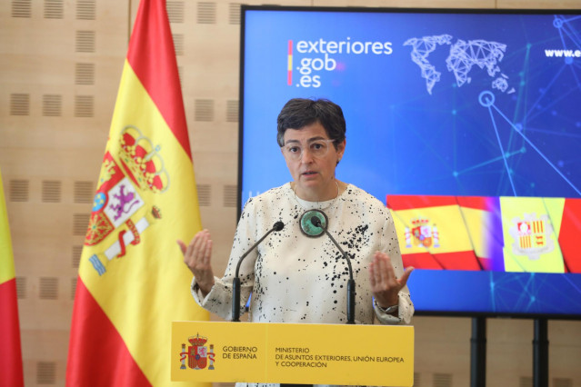 La ministra de Asuntos Exteriores, Arancha González Laya, realiza una intervención tras su reunión con su homóloga andorrana, Maria Ubach Font, en el Palacio de Viena, en Madrid (España) a 14 de septiembre de 2020.