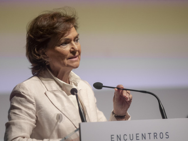 La vicepresidenta primera del Gobierno, ministra de la Presidencia, Relaciones con las Cortes y Memoria Democrática, Carmen Calvo, participa en los 'Encuentros SER Andalucía' con motivo del 40º aniversario del Estatuto de Autonomía. En la Fundación Cajaso