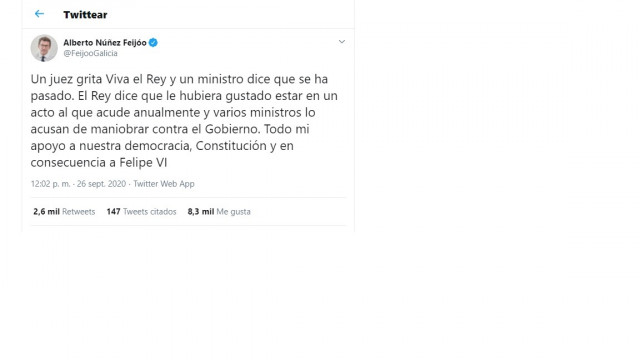 Captura de pantalla del tweet del presidente de la Xunta, Alberto Núñez Feijóo