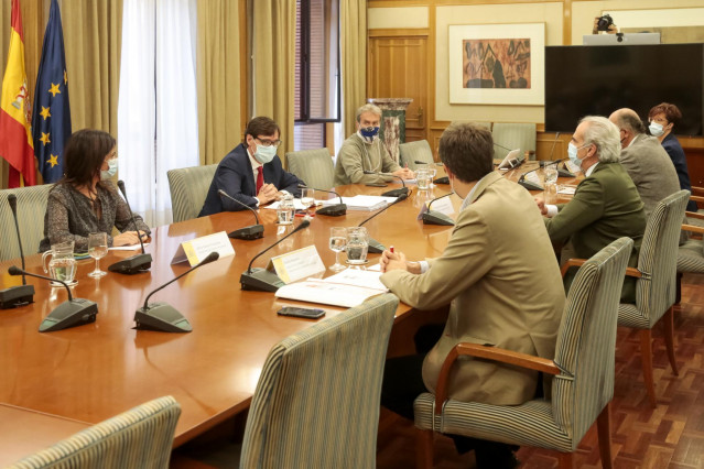 El ministro de Sanidad, Salvador Illa y el consejero de Sanidad de la Comunidad de Madrid, Enrique Ruiz Escudero, junto con sus equipos, durante una reunión del Grupo Covid-19 de la Comunidad de Madrid para abordar las medidas de prevención