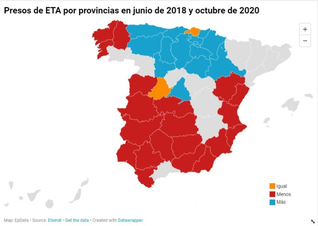 Número de presos de ETA en junio de 2018 y octubre de 2020