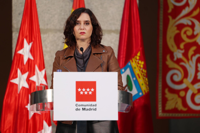 La presidenta de la Comunidad de Madrid, Isabel Díaz Ayuso, realiza declaraciones en la Real Casa de Correos