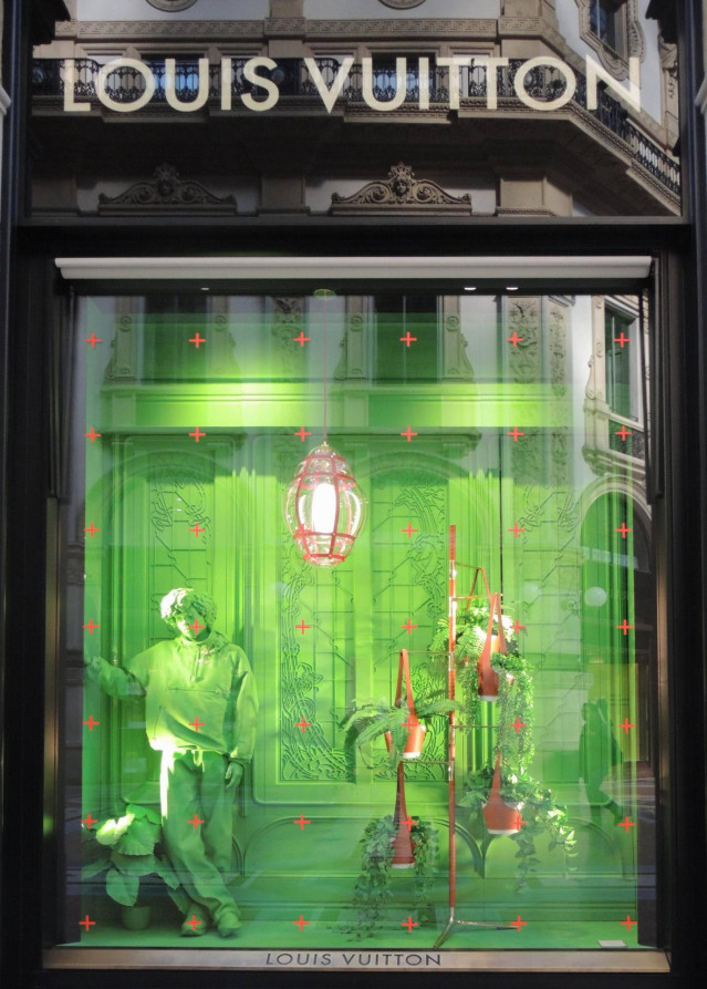 April 19, 2019 - Milan, Italy: Louis Vuitton store front. Mid season and summer fashion trend on the shop windows of the Milan fashion district. The Golden quadrilateral, including via Montenapoleone and Via Spiga, is ranked as the sixth most expensive sh