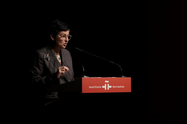 La ministra de Asuntos Exteriores, Unión Europea y Cooperación, Arancha González Laya, interviene durante la presentación del Anuario del Instituto Cervantes 2020, ‘El español en el mundo’, en la sede del Instituto, en Madrid (España), a 15 de octubre de