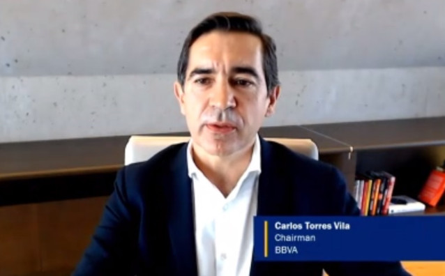 El presidente de BBVA, Carlos Torres, durante su intervención en el 'Annual Membership Meeting' organizado por el Instituto Internacional de Finanzas (IIF).