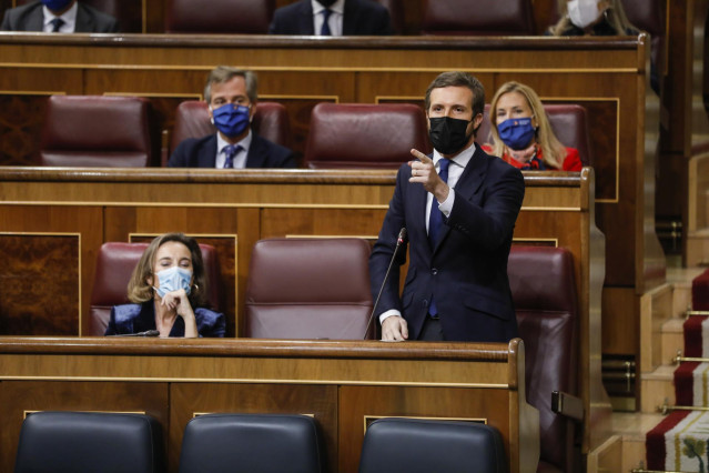 El presidente del PP, Pablo Casado, interviene durante una sesión de control al Gobierno en el Congreso de los Diputados.