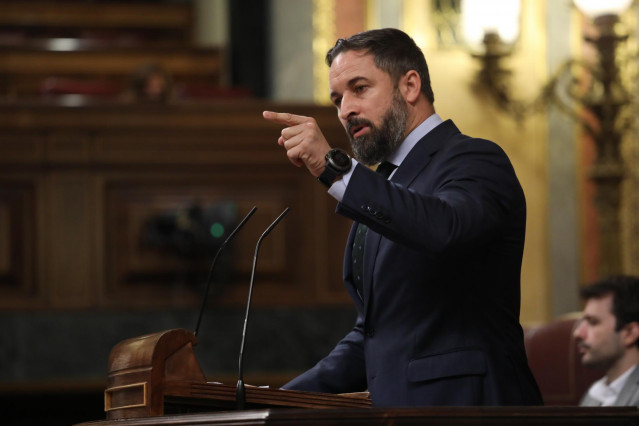 El presidente de Vox, Santiago Abascal, interviene desde la tribuna en una sesión plenaria en el Congreso